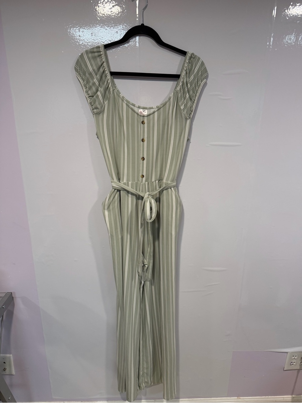 Striped Sage Green Soft Button-Front Jumpsuit with Pockets